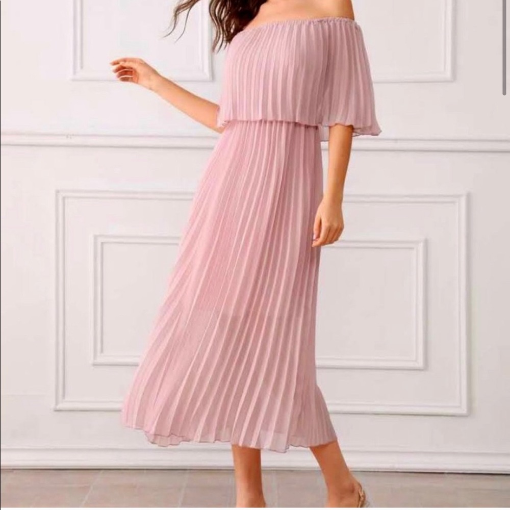 SHEIN pleated off shoulder dusty pink dress